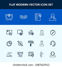 Modern, simple vector icon set with rent, certificate, delivery, open, fly, south, presentation, bellhop, home, ribbon, chart, north, frame, diploma, graph, avatar, estate, book, human, paint icons