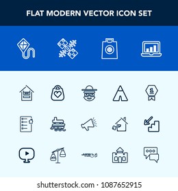 Modern, simple vector icon set with ocean, laptop, tent, bag, sound, outdoor, loud, vessel, chart, camp, loudspeaker, contract, store, first, house, award, happy, fun, style, character, graphic icons