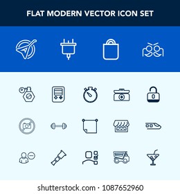 Modern, simple vector icon set with sport, arrow, kit, lock, stick, music, fitness, holiday, exercise, emergency, forbidden, unlock, folk, timer, bottle, note, aid, carnival, beauty, protection icons