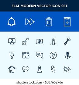 Modern, simple vector icon set with lock, video, garbage, business, call, paint, infographic, safety, white, fashion, paintbrush, chart, door, music, bell, sos, rocket, template, vintage, can icons