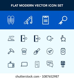 Modern, simple vector icon set with box, cafe, exit, touch, housework, delivery, button, coffee, key, star, , sign, door, clothes, package, domestic, moon, beacon, shovel, chat, travel, fish icons