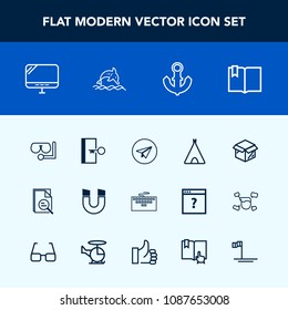 Modern, simple vector icon set with anchor, nautical, diving, book, unpacking, message, travel, pole, technology, tool, click, science, communication, door, keyboard, open, web, sign, email, sea icons