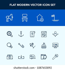 Modern, simple vector icon set with search, ocean, fish, ship, mexico, internet, direction, nautical, speaker, aircraft, hook, comfortable, shipping, concept, beach, sale, sign, chair, rudder icons