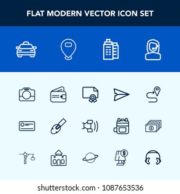 Modern, simple vector icon set with building, transport, telephone, payment, road, call, cheque, award, achievement, handle, navigation, film, finance, business, communication, mobile, shovel icons