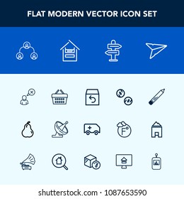 Modern, simple vector icon set with organic, dish, sale, stationery, web, money, online, market, arrow, internet, antenna, hierarchy, finance, currency, satellite, structure, message, shipping icons