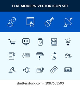 Modern, simple vector icon set with metal, meeting, satellite, idea, finance, aluminum, job, music, businessman, pc, laptop, roll, dish, container, money, brush, business, clock, shop, internet icons