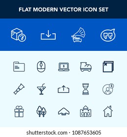 Modern, simple vector icon set with blank, bubble, house, leisure, click, music, glass, download, folder, beautiful, web, package, speech, mouse, cocktail, night, gramophone, device, chat, file icons
