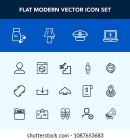 Modern, simple vector icon set with jump, web, business, upstairs, downstairs, skater, notebook, internet, online, download, vitamin, skateboard, service, parachute, screen, male, cap, sailor icons