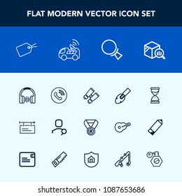 Modern, simple vector icon set with time, banner, construction, hourglass, win, audio, satellite, trend, award, music, clock, ring, sound, sign, reward, blank, car, glasses, prize, phone, poster icons