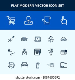 Modern, simple vector icon set with retail, shop, ocean, navigation, medical, music, map, location, hand, sound, boat, concert, sun, care, morning, sea, musical, landscape, screen, nature, book icons