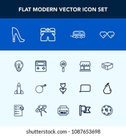 Modern, simple vector icon set with fashion, space, magnifying, transport, floral, nature, glasses, energy, shoe, sun, web, vehicle, travel, button, shuttle, high, style, curtain, arrow, bulb icons