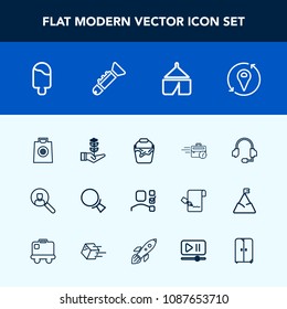 Modern, simple vector icon set with call, sign, sweet, nature, camp, sitting, life, business, account, office, task, computer, food, fashion, tent, dessert, online, headset, find, microphone icons