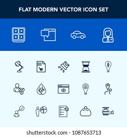 Modern, simple vector icon set with location, employee, landscape, profile, shopping, hourglass, environment, list, interior, online, pin, forest, clock, bank, hour, movie, supermarket, nature icons