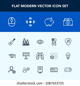 Modern, simple vector icon set with school, extreme, human, wheel, dinner, mouse, sound, fork, nature, guitar, currency, tree, device, environment, finance, forest, eye, bank, musical, quad, bus icons