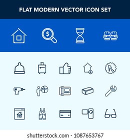 Modern, simple vector icon set with sand, fight, hour, competition, trip, hat, cap, time, hand, technology, bag, businessman, find, architecture, presentation, luggage, home, web, glove, clock icons