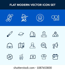 Modern, simple vector icon set with sea, building, pencil, paddle, environment, woman, young, girl, pen, business, construction, hat, stationery, boat, face, hospitality, engineer, astronomy icons