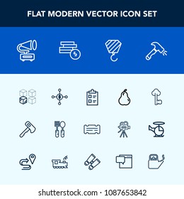 Modern, simple vector icon set with entertainment, key, mark, building, old, dollar, spoon, vintage, tool, replacement, axe, fresh, pear, retro, relocation, house, kitchen, dinner, cardboard icons