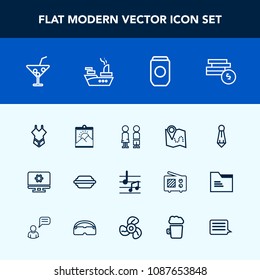 Modern, simple vector icon set with food, business, metal, frame, cash, road, picture, can, standing, swimsuit, drink, travel, happy, glass, summer, musical, burger, woman, cocktail, note, male icons