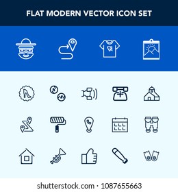 Modern, simple vector icon set with business, tool, circle, print, phone, tshirt, money, construction, call, roll, currency, flipper, mobile, sport, finance, telephone, baseball, cash, bat, home icons