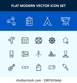 Modern, simple vector icon set with business, drink, nautical, message, wheel, marketing, timetable, concept, letter, tent, cold, travel, arrow, helm, ship, time, house, screen, outdoor, phone icons