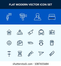 Modern, simple vector icon set with chat, furniture, uniform, service, marketing, bedroom, concept, audio, profile, internet, showing, train, store, person, customer, transportation, railway icons