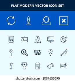 Modern, simple vector icon set with service, find, spaceship, id, computer, air, travel, closed, space, moon, technology, concept, reload, sign, location, truck, internet, ventilator, web, team icons