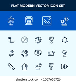 Modern, simple vector icon set with forbidden, mexico, rent, control, price, photography, bell, arrow, property, chart, ocean, tree, direction, frame, square, presentation, alarm, baja, pie, way icons