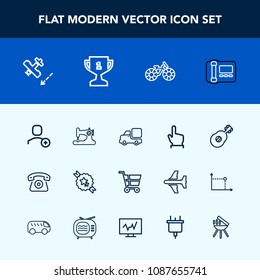 Modern, simple vector icon set with mobile, button, user, transportation, plane, aircraft, fashion, guitar, home, airplane, travel, web, stationary, office, telephone, flight, technology, touch icons