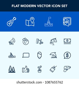 Modern, simple vector icon set with business, banking, hair, medieval, musical, boat, money, cream, temperature, scale, music, undersea, marine, balance, food, salon, speech, guitar, safe, talk icons