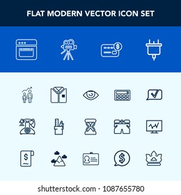 Modern, simple vector icon set with equipment, electric, clock, kitchen, white, business, plug, progress, vintage, oven, tshirt, communication, timer, phone, growth, telephone, card, shirt, time icons