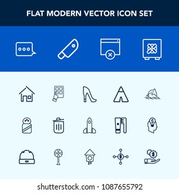Modern, simple vector icon set with salt, launch, technology, food, internet, adventure, tent, security, house, architecture, trash, lock, camp, home, sign, recycling, space, travel, rocket, bin icons
