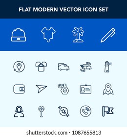 Modern, simple vector icon set with water, business, bodysuit, traffic, pen, sea, hat, van, tropical, location, fast, sign, perfume, fashion, email, purse, pencil, wallet, light, head, message icons