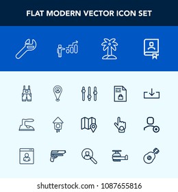 Modern, simple vector icon set with equality, shopping, wrench, list, notebook, office, work, success, wooden, clothes, birdhouse, spanner, uniform, address, growth, tropical, contact, summer icons