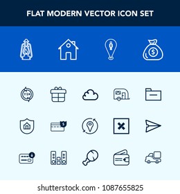 Modern, simple vector icon set with financial, map, vehicle, home, property, support, pin, vintage, file, service, protect, operator, transportation, traffic, present, business, bank, real, box icons