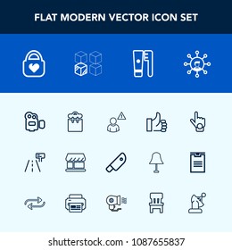 Modern, simple vector icon set with road, film, phone, technology, pretty, leather, display, fashion, video, street, good, bag, health, success, white, cut, online, knife, brush, equipment, meat icons