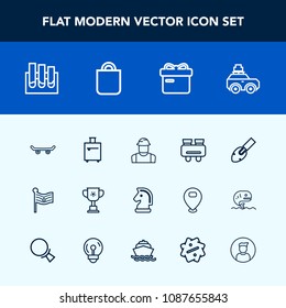 Modern, simple vector icon set with luggage, equipment, glasses, horse, game, travel, worker, bag, cup, person, engineer, trip, analysis, watch, builder, victory, shovel, present, medical, chess icons