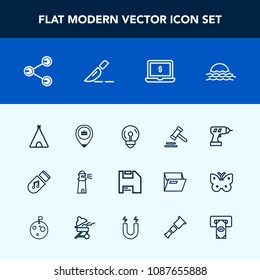 Modern, simple vector icon set with computer, work, hand, sun, legal, storage, drill, location, laptop, electricity, equipment, courthouse, machine, lighthouse, operation, tent, law, notebook icons