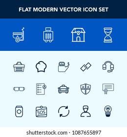 Modern, simple vector icon set with shop, job, vehicle, basket, headset, kettle, kitchen, microphone, sea, chief, transportation, checklist, fashion, food, sale, sunglasses, time, web, water icons