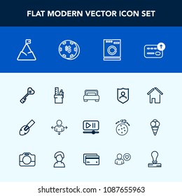 Modern, simple vector icon set with blue, road, travel, business, protection, stationery, machine, washer, work, bed, equipment, luck, player, button, bedroom, shovel, estate, landscape, protect icons