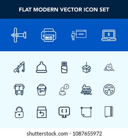 Modern, simple vector icon set with laptop, business, hour, technology, upload, ocean, war, clock, animal, plug, cap, time, wildlife, container, military, cable, go, aircraft, transportation icons