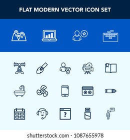 Modern, simple vector icon set with movie, screen, bathroom, equipment, location, fan, keyboard, chart, business, electric, air, travel, laptop, communication, interior, modern, online, tripod icons