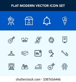 Modern, simple vector icon set with boat, hanger, paddle, canoe, shop, musical, flipper, alarm, purse, music, presentation, meat, guitar, dollar, notification, cream, clothing, wallet, help, sea icons