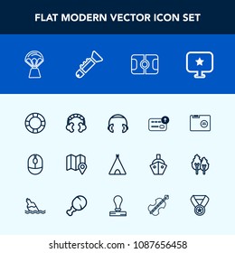 Modern, simple vector icon set with bugle, sky, currency, star, football, computer, folder, location, sport, soccer, headphone, finance, balloon, money, air, sign, hot, trumpet, map, mouse, pin icons
