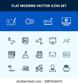 Modern, simple vector icon set with business, white, sign, dish, security, bag, technology, food, leather, mountain, safety, pen, travel, backpack, setting, safe, banking, modern, library, train icons