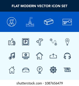 Modern, simple vector icon set with good, musical, building, note, street, material, male, house, cassette, estate, medieval, home, architecture, brick, technology, transport, construction, boy icons