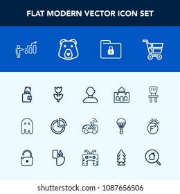 Modern, simple vector icon set with tower, floral, fear, blossom, technology, castle, pie, cart, car, comfortable, growth, presentation, flower, chair, dollar, male, money, progress, halloween icons