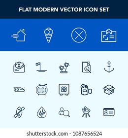 Modern, simple vector icon set with blue, home, lock, post, zoom, card, safety, television, tropical, train, helm, security, ocean, technology, mexico, mail, safe, identity, rent, transport, tv icons