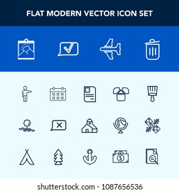 Modern, simple vector icon set with calendar, chat, airplane, construction, photo, picture, people, identity, schedule, landscape, hand, frame, travel, bin, garbage, building, time, brush, sun icons