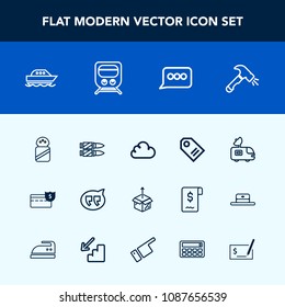 Modern, simple vector icon set with chat, price, equipment, yacht, cloud, money, new, train, sea, cash, horizontal, unpacking, white, coin, label, military, bubble, speech, package, television icons
