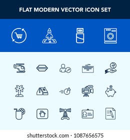 Modern, simple vector icon set with trolley, burger, man, house, money, nature, computer, finance, dollar, helicopter, laptop, appliance, web, washer, air, business, night, investment, transport icons
